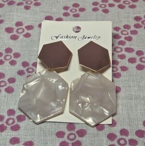 Fashion Jewelry Gold and Cream Hexagon Earrings
